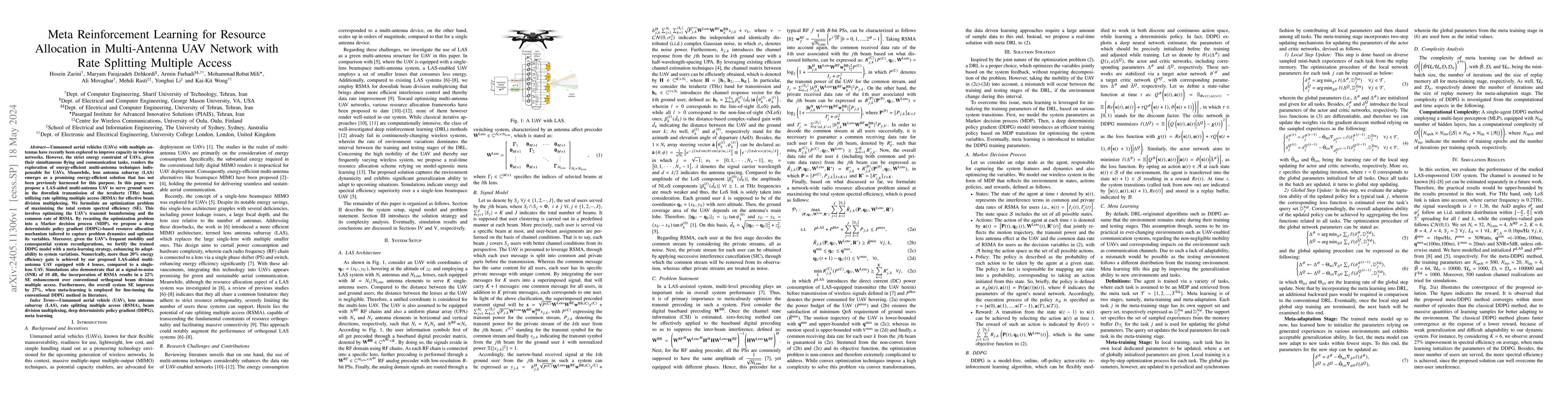Thumbnail for Meta Reinforcement Learning for Resource Allocation in Multi-Antenna UAV
  Network with Rate Splitting Multiple Access