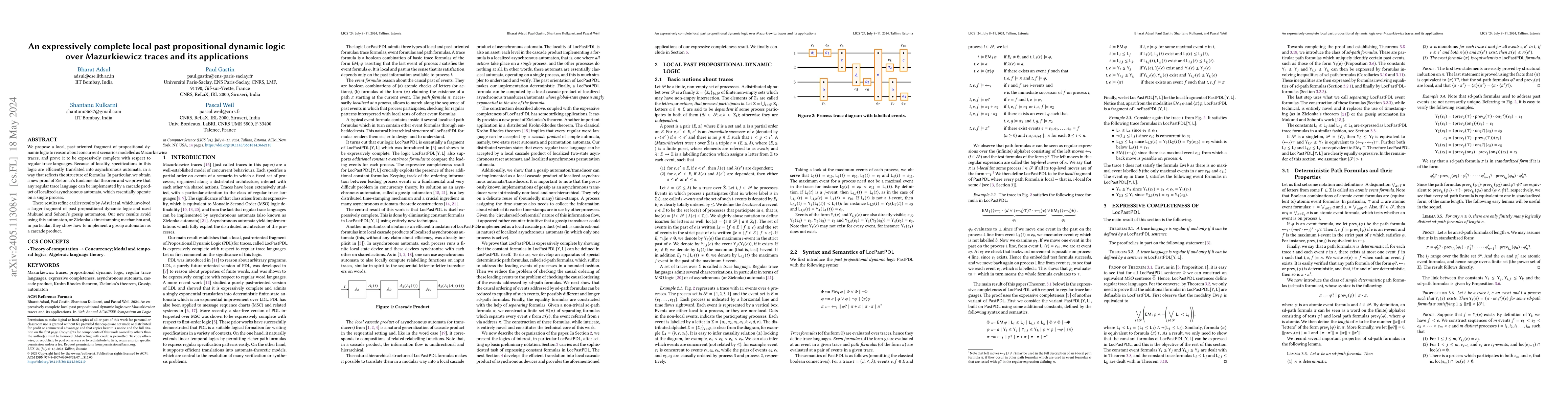 Thumbnail for Propositional dynamic logic and asynchronous cascade decompositions for
  regular trace languages