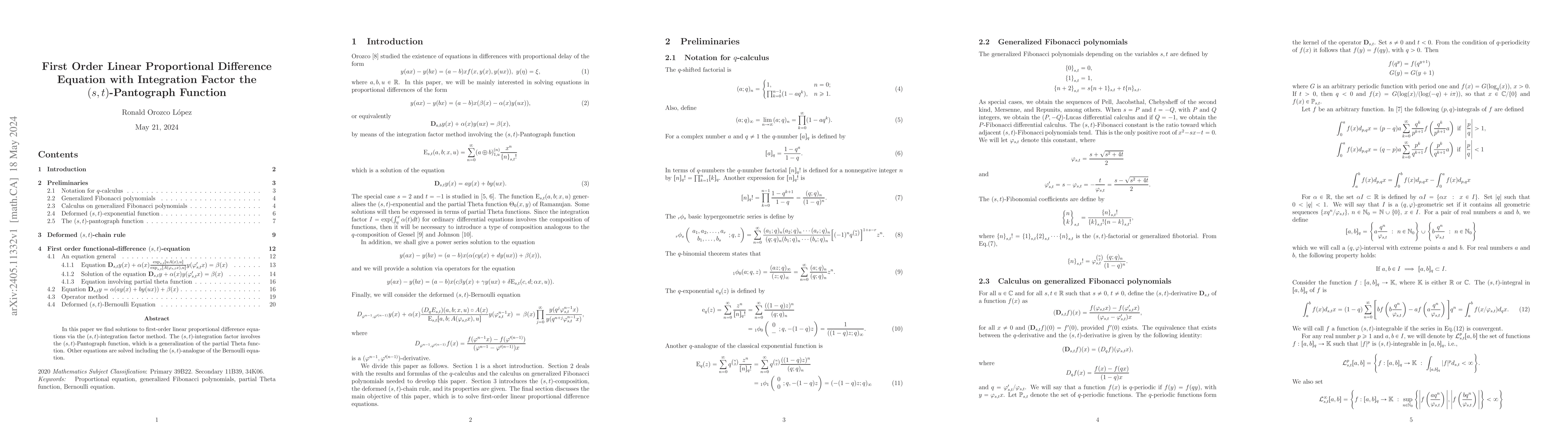 Thumbnail for First Order Linear Proportional Difference Equation with Integration
  Factor the $(s,t)$-Pantograph Function