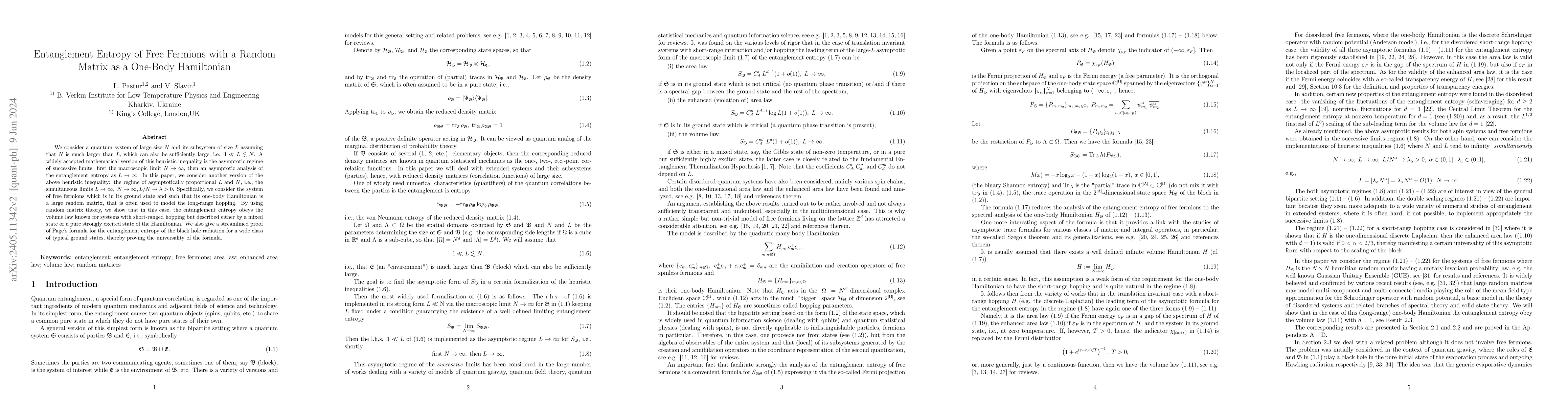 Thumbnail for Entanglement Entropy of Free Fermions with a Random Matrix as a One-Body
  Hamiltonian