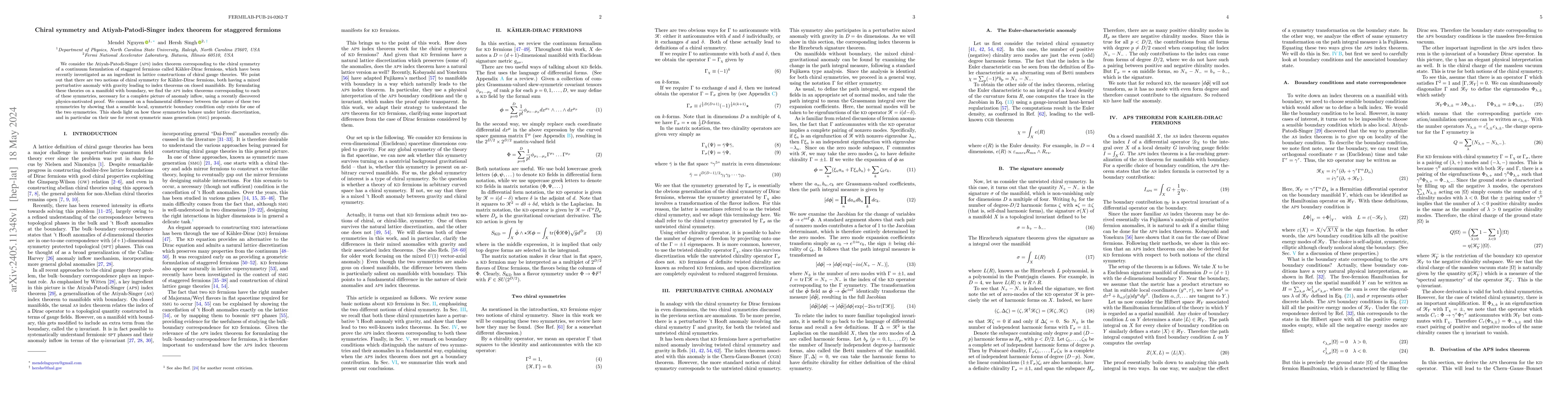 Thumbnail for Chiral symmetry and Atiyah-Patodi-Singer index theorem for staggered
  fermions