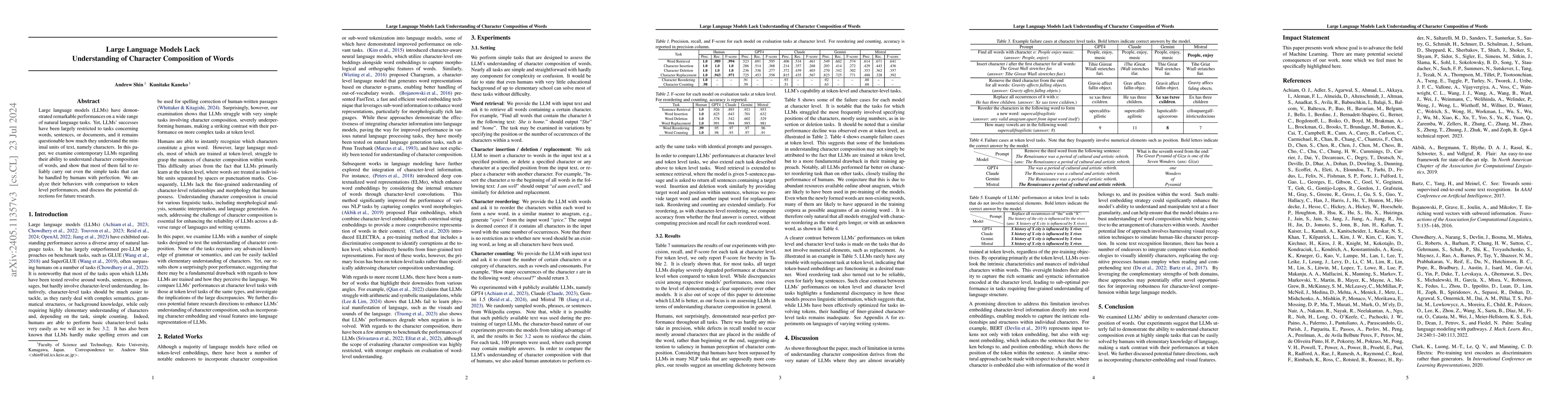 Thumbnail for Large Language Models Lack Understanding of Character Composition of
  Words