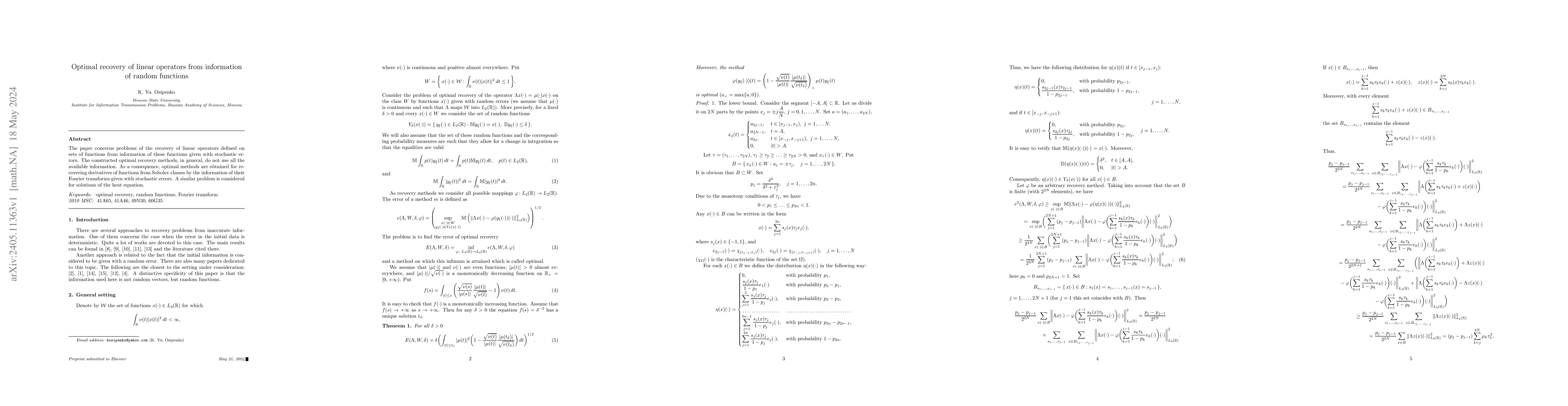 Thumbnail for Optimal recovery of linear operators from information of random
  functions