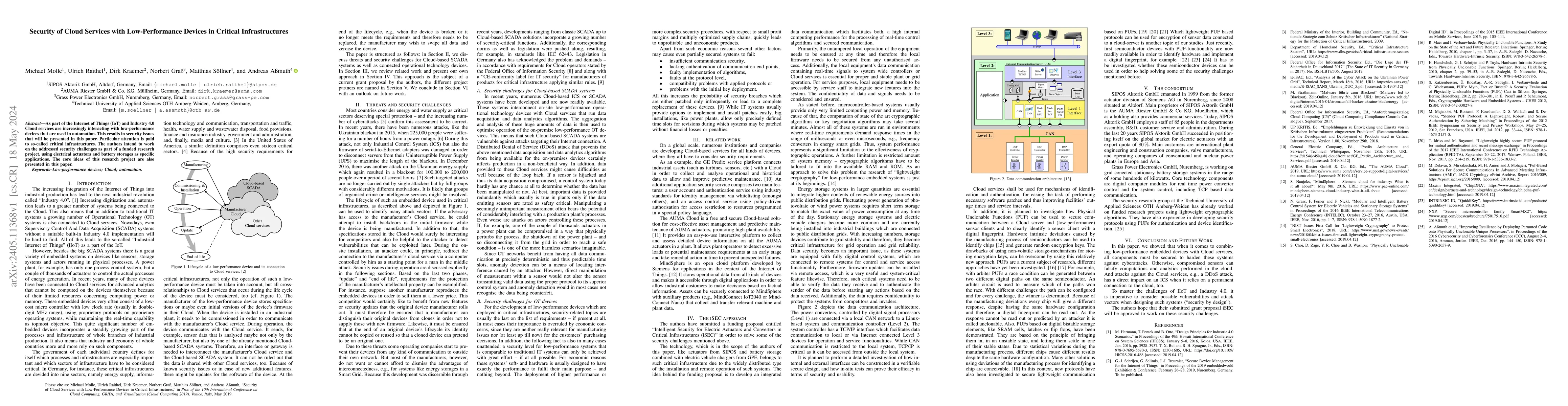 Thumbnail for Security of Cloud Services with Low-Performance Devices in Critical
  Infrastructures