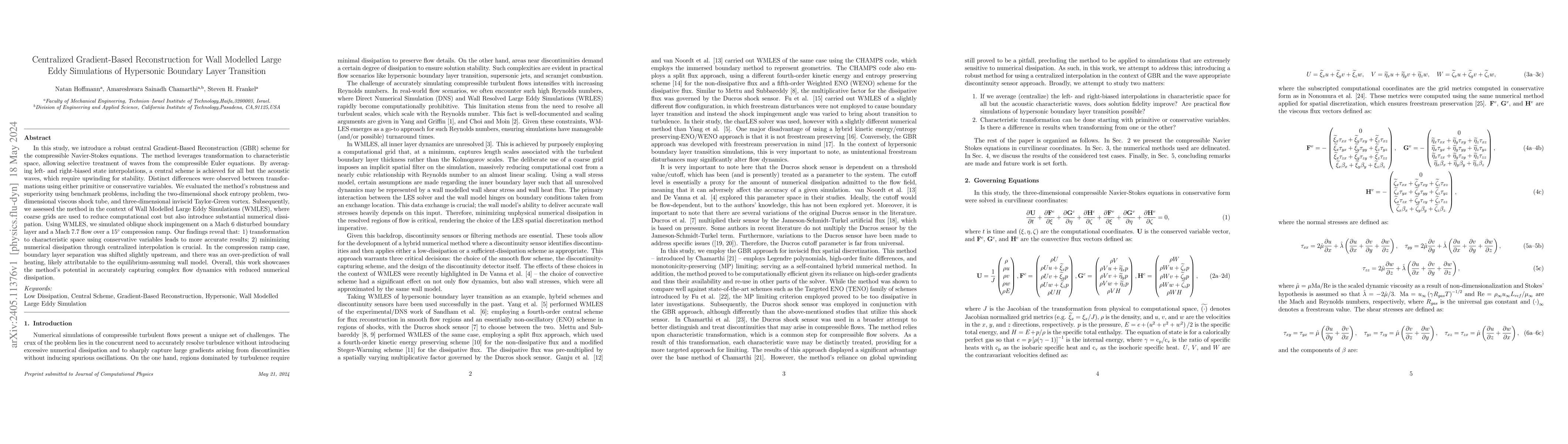 Thumbnail for Centralized Gradient-Based Reconstruction for Wall Modelled Large Eddy
  Simulations of Hypersonic Boundary Layer Transition