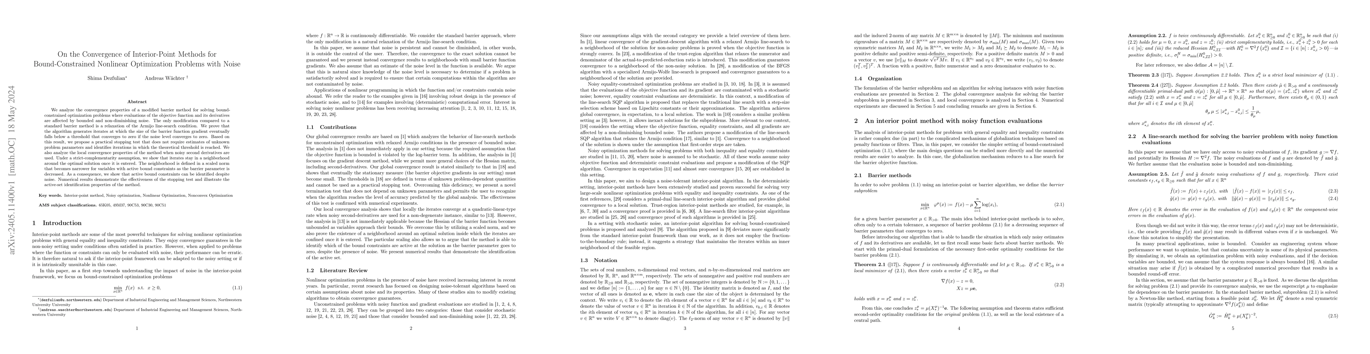 Thumbnail for On the Convergence of Interior-Point Methods for Bound-Constrained
  Nonlinear Optimization Problems with Noise