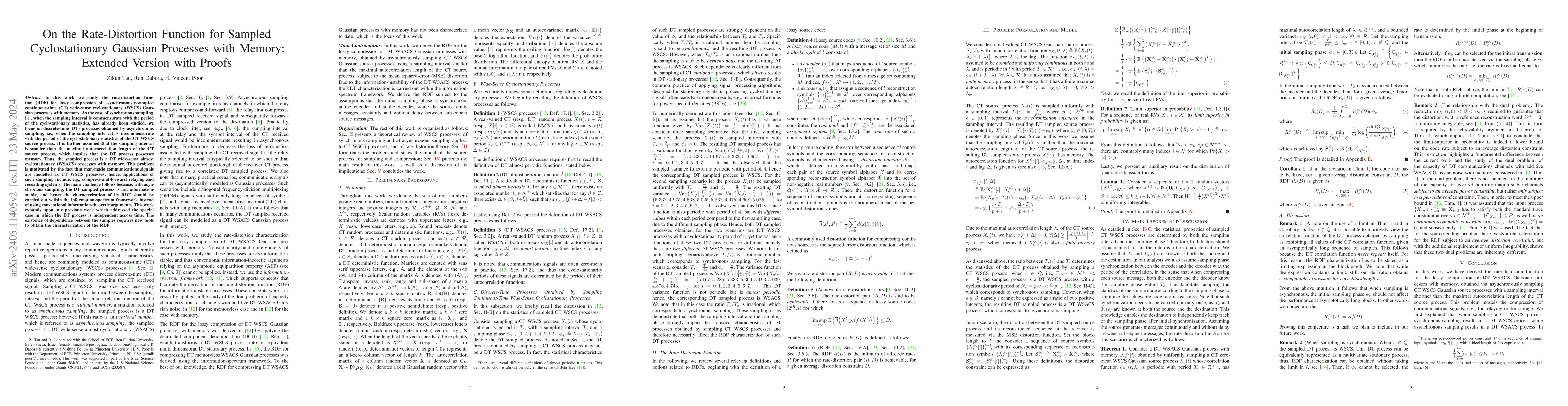 Thumbnail for On the Rate-Distortion Function for Sampled Cyclostationary Gaussian
  Processes with Memory: Extended Version with Proofs