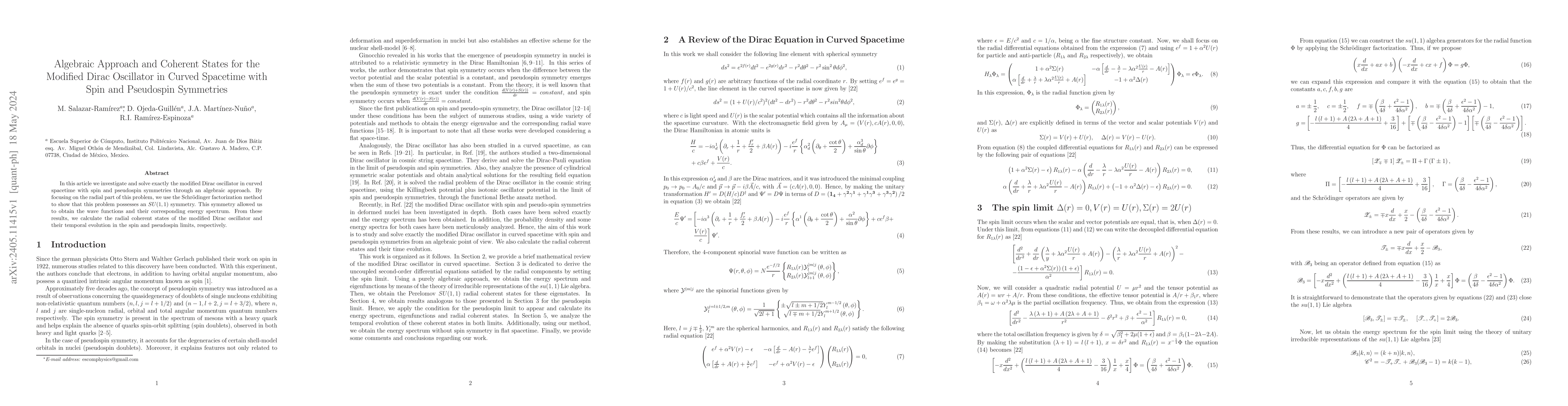 Thumbnail for Algebraic Approach and Coherent States for the Modified Dirac Oscillator
  in Curved Spacetime with Spin and Pseudospin Symmetries
