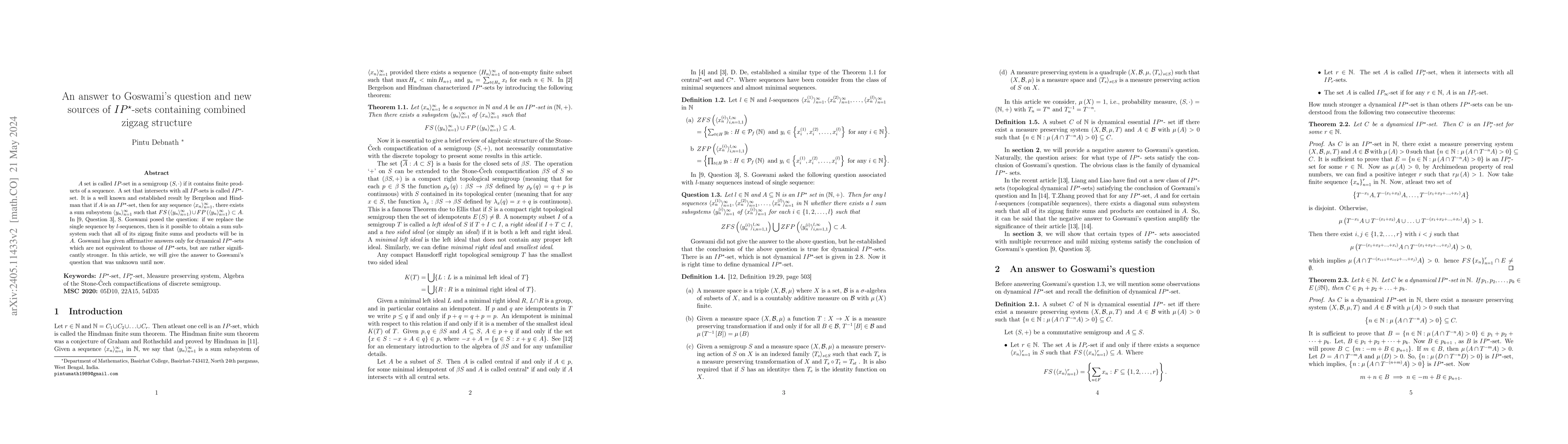 Thumbnail for An answer to Goswami's question and new sources of $IP^{\star}$-sets
  containing combined zigzag structure