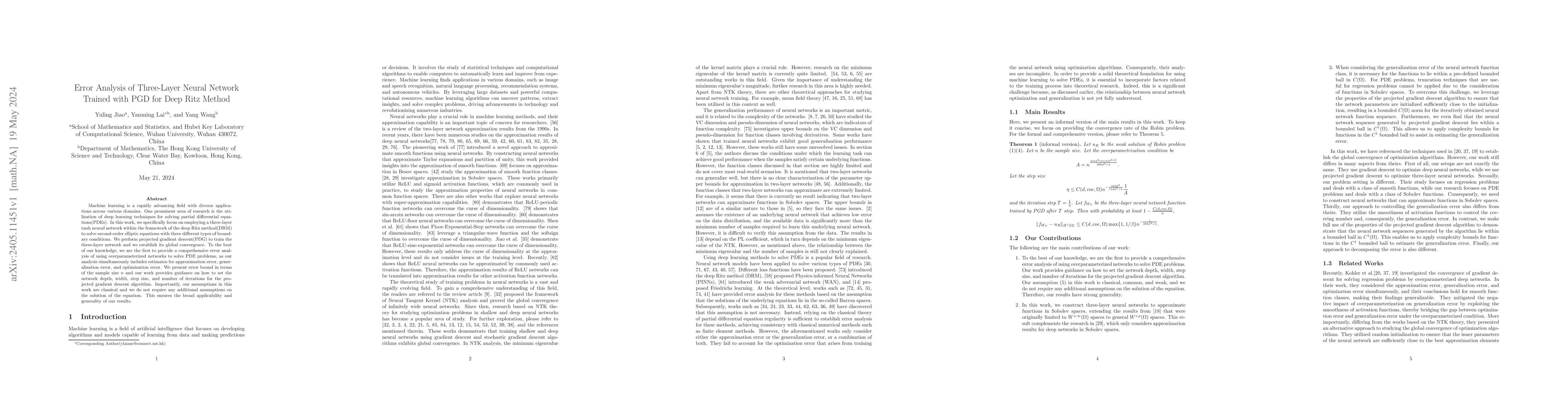 Thumbnail for Error Analysis of Three-Layer Neural Network Trained with PGD for Deep
  Ritz Method