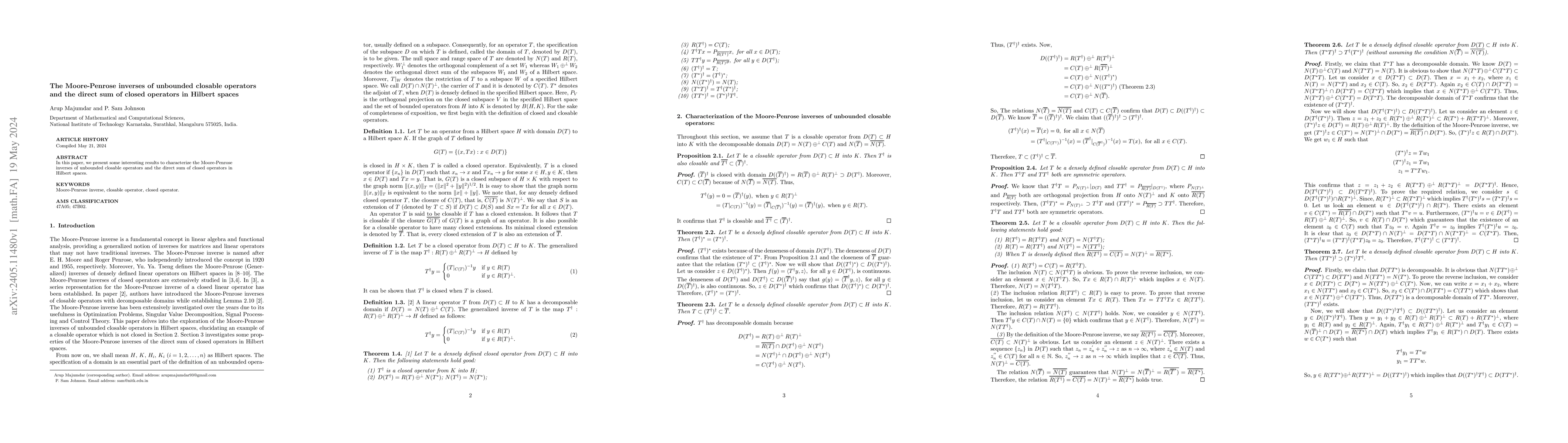 Thumbnail for The Moore-Penrose inverses of unbounded closable operators and the
  Cartesian product of closed operators in Hilbert spaces