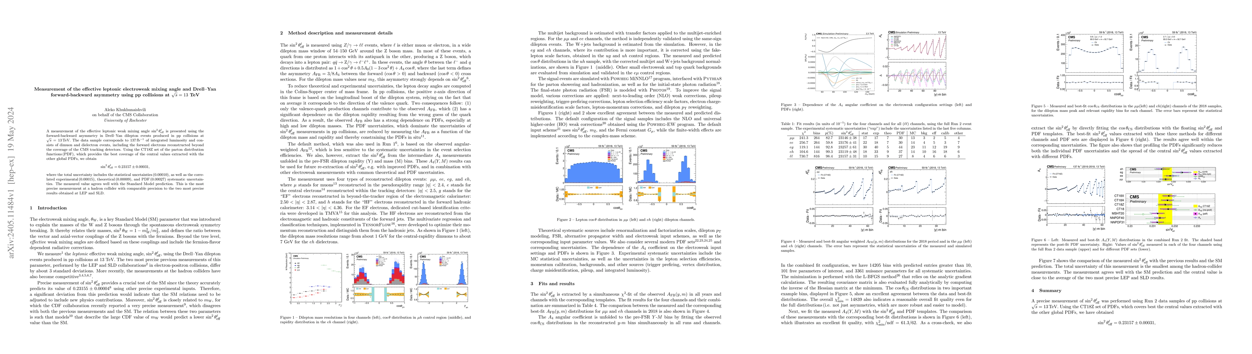 Thumbnail for Measurement of the effective leptonic electroweak mixing angle and
  Drell-Yan forward-backward asymmetry using pp collisions at $\sqrt{s}=13$ TeV