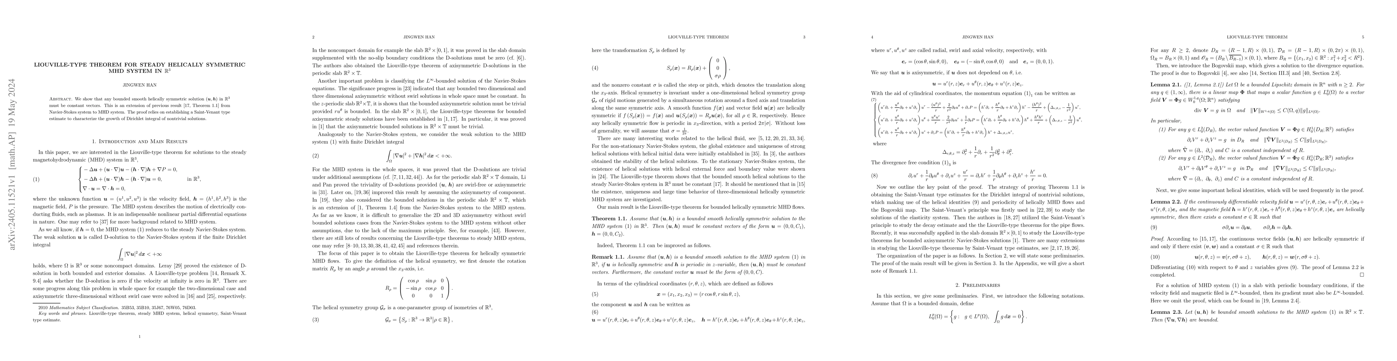 Thumbnail for Liouville-type theorem for steady helically symmetric MHD system in
  $\mathbb{R}^{3}$