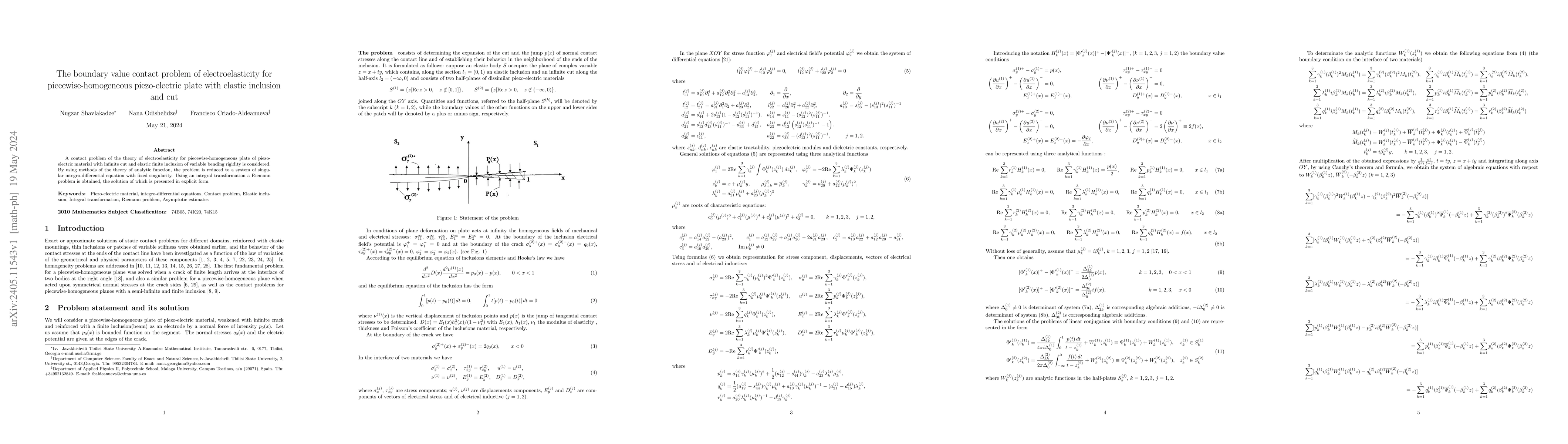Thumbnail for The boundary value contact problem of electroelasticity for
  piecewise-homogeneous piezo-electric plate with elastic inclusion and cut