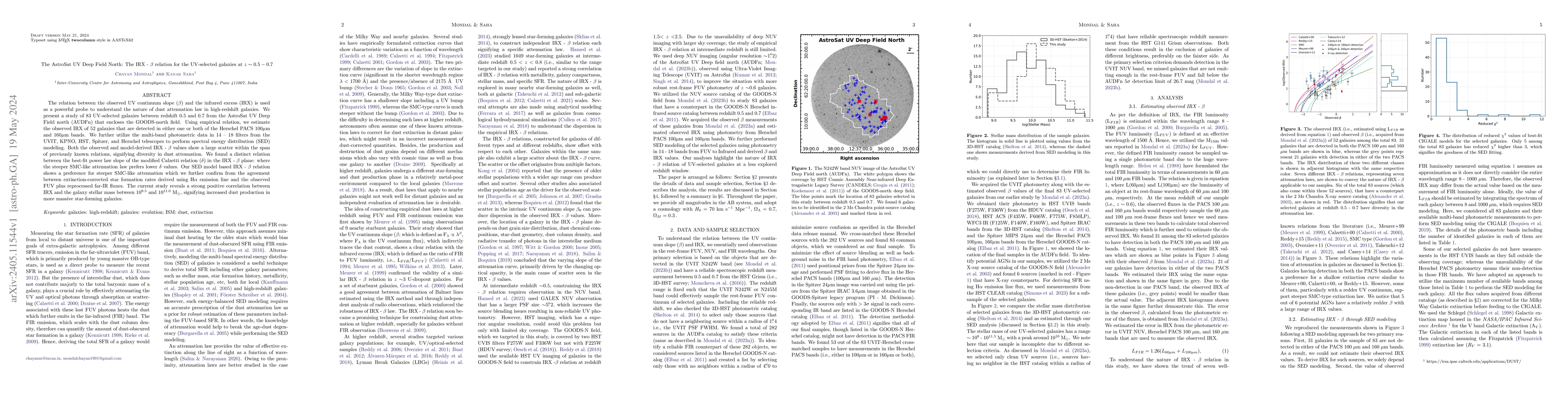 Thumbnail for The AstroSat UV Deep Field North: The IRX-$\beta$ relation for the
  UV-selected galaxies at $z\sim$ 0.5-0.7