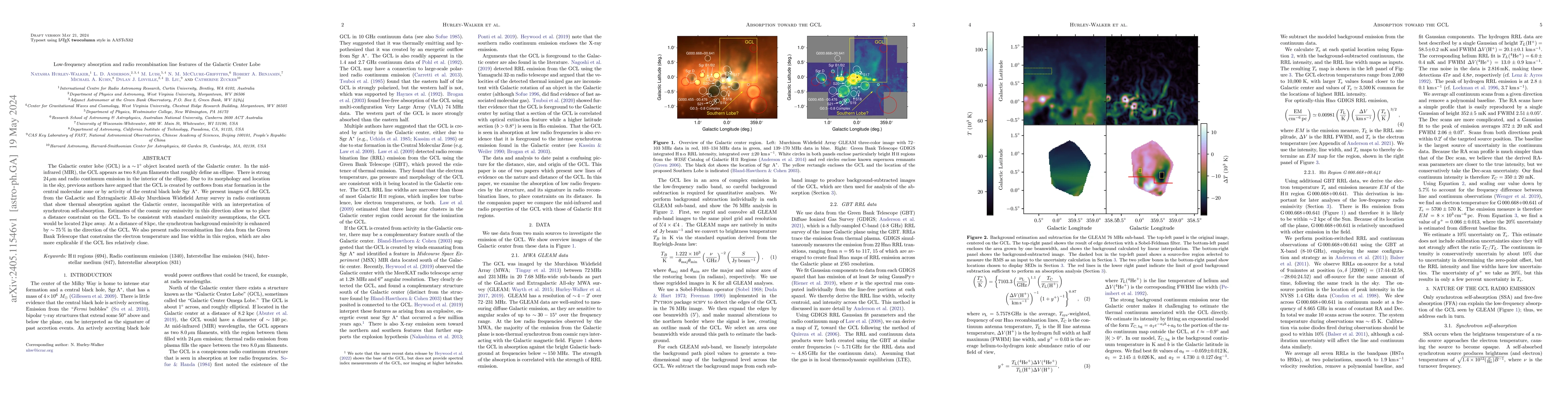 Thumbnail for Low-frequency absorption and radio recombination line features of the
  Galactic Center Lobe
