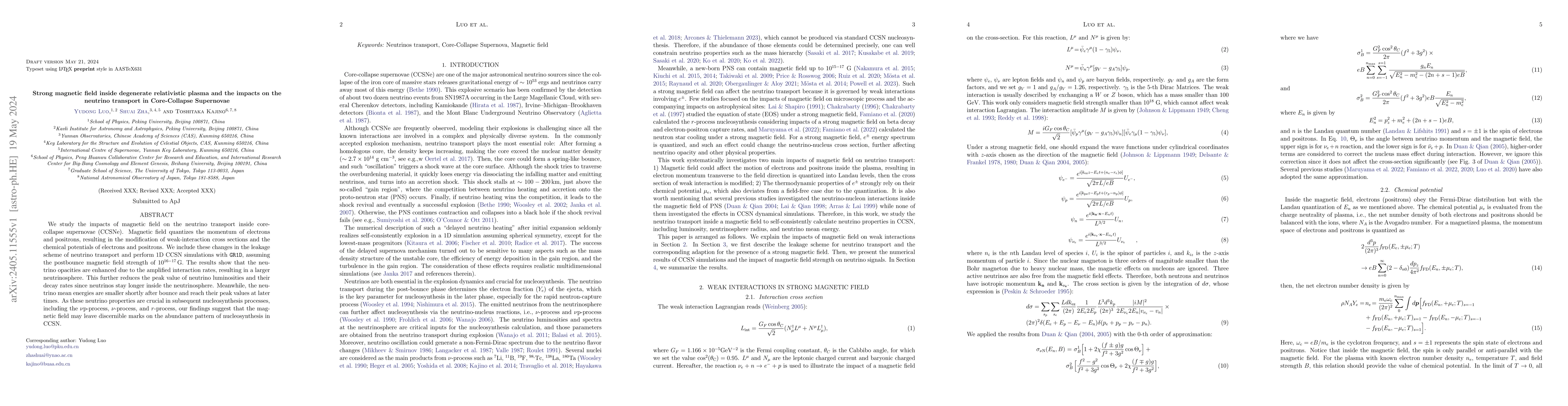 Thumbnail for Strong magnetic field inside degenerate relativistic plasma and the
  impacts on the neutrino transport in Core-Collapse Supernovae