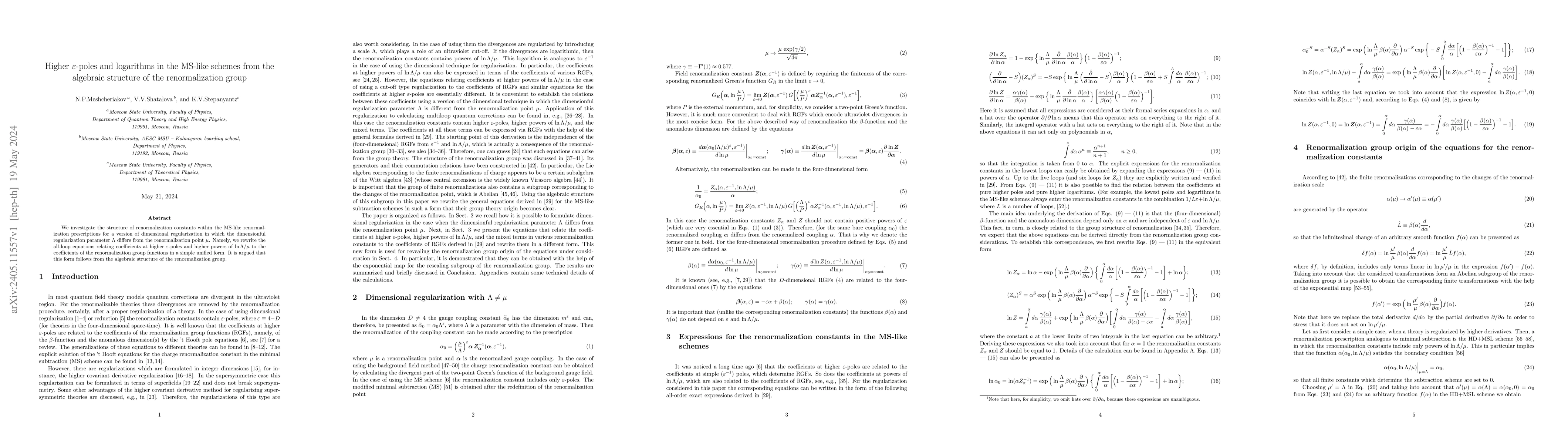 Thumbnail for Higher $\varepsilon$-poles and logarithms in the MS-like schemes from
  the algebraic structure of the renormalization group