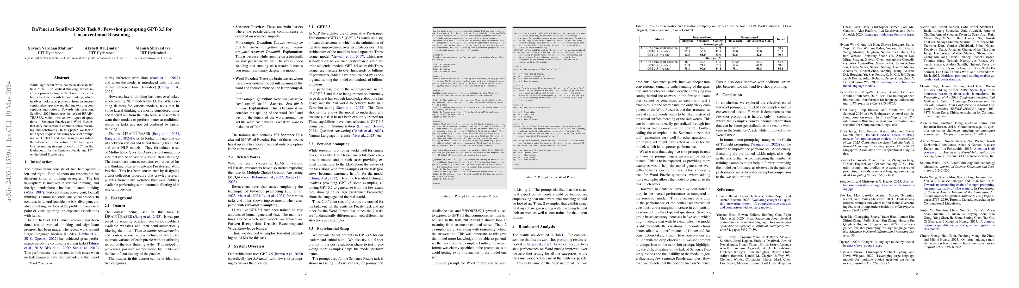 Thumbnail for DaVinci at SemEval-2024 Task 9: Few-shot prompting GPT-3.5 for
  Unconventional Reasoning