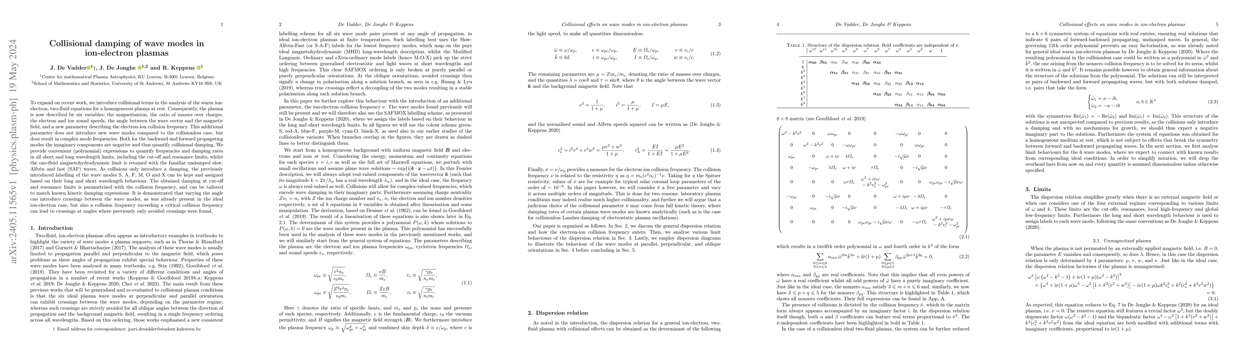 Thumbnail for Collisional damping of wave modes in ion-electron plasmas
