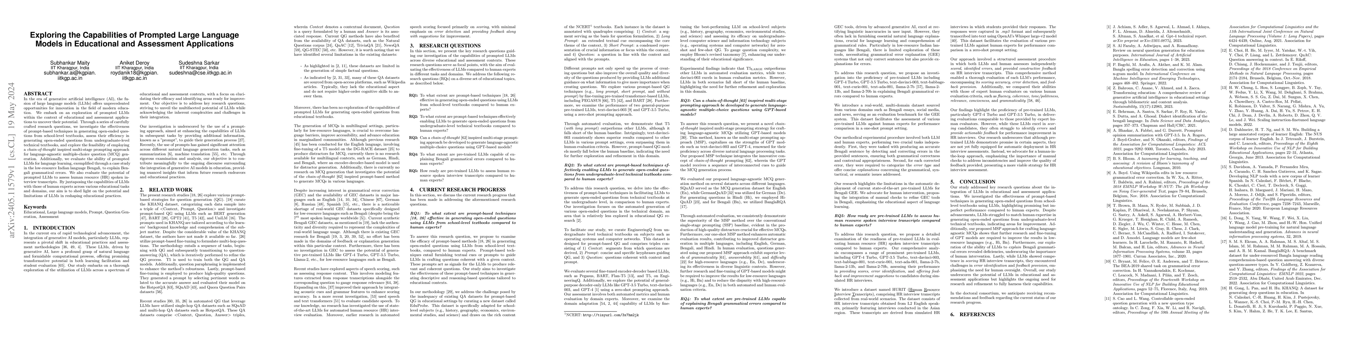 Thumbnail for Exploring the Capabilities of Prompted Large Language Models in
  Educational and Assessment Applications