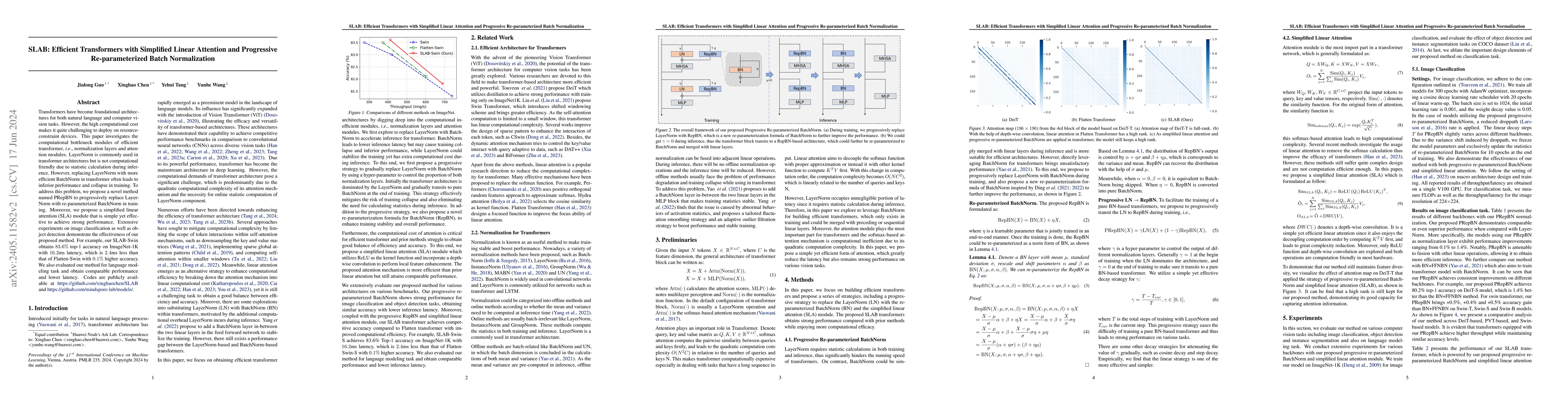 Thumbnail for SLAB: Efficient Transformers with Simplified Linear Attention and
  Progressive Re-parameterized Batch Normalization