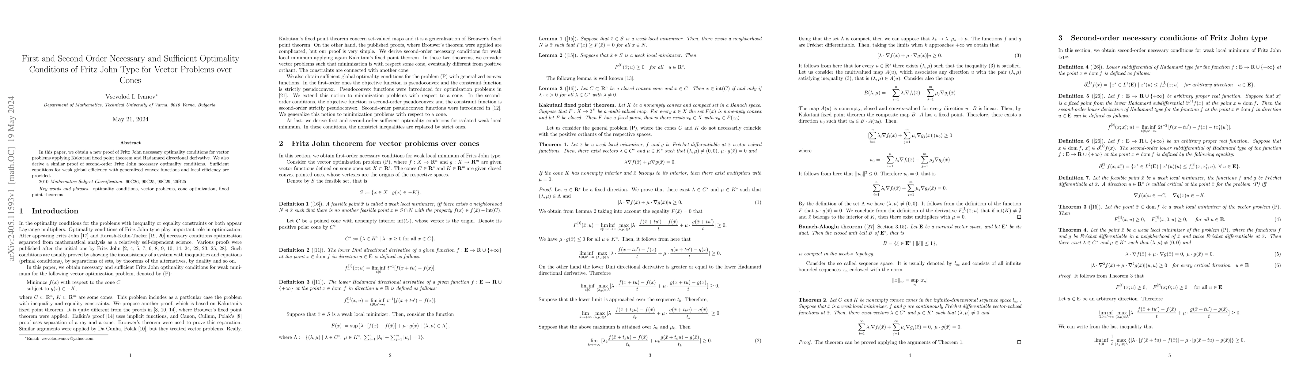 Thumbnail for First and Second Order Necessary and Sufficient Optimality Conditions of
  Fritz John Type for Vector Problems over Cones