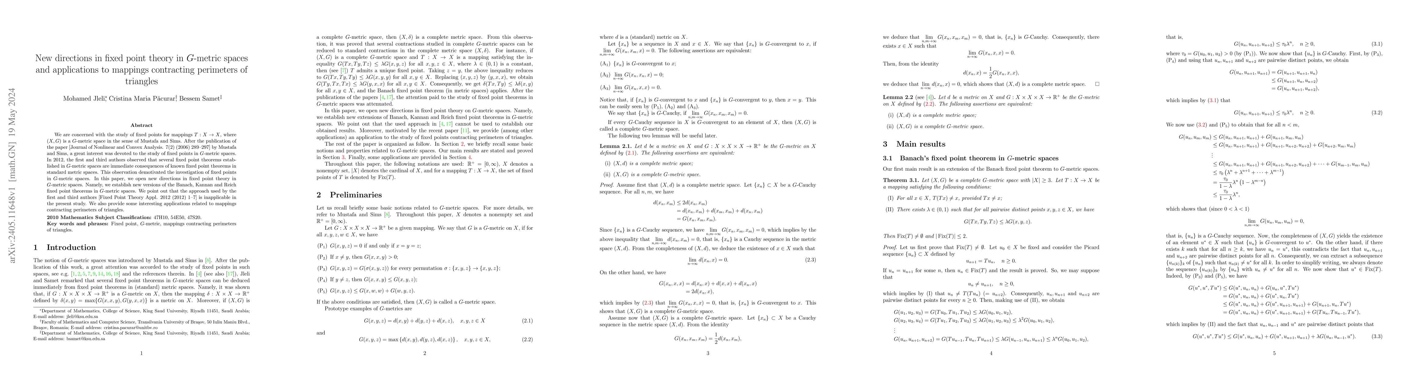 Thumbnail for New directions in fixed point theory in $G$-metric spaces and
  applications to mappings contracting perimeters of triangles