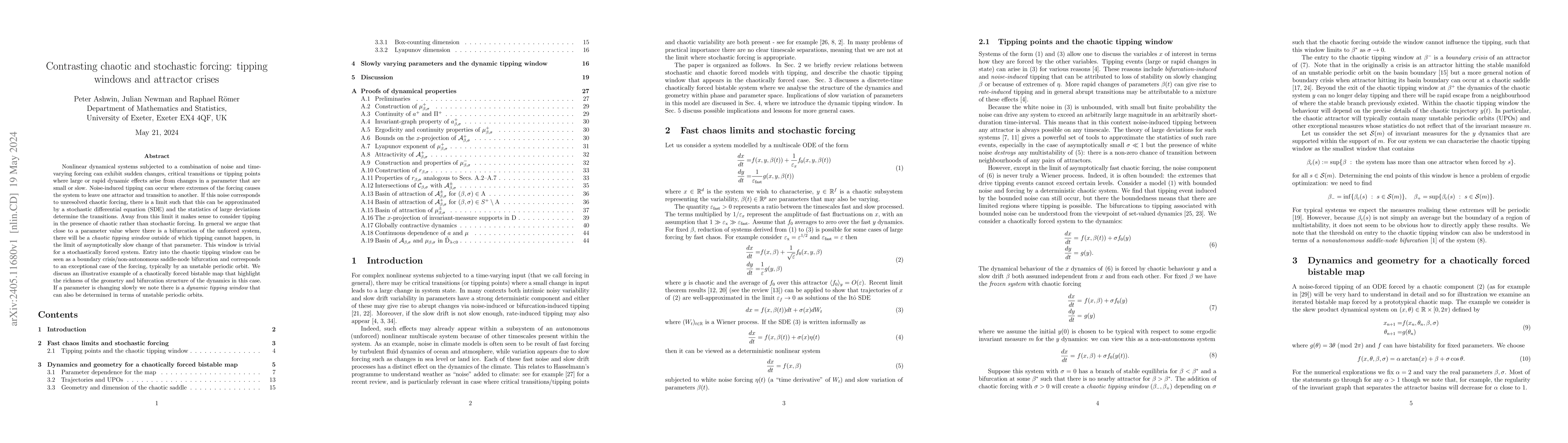 Thumbnail for Contrasting chaotic and stochastic forcing: tipping windows and
  attractor crises