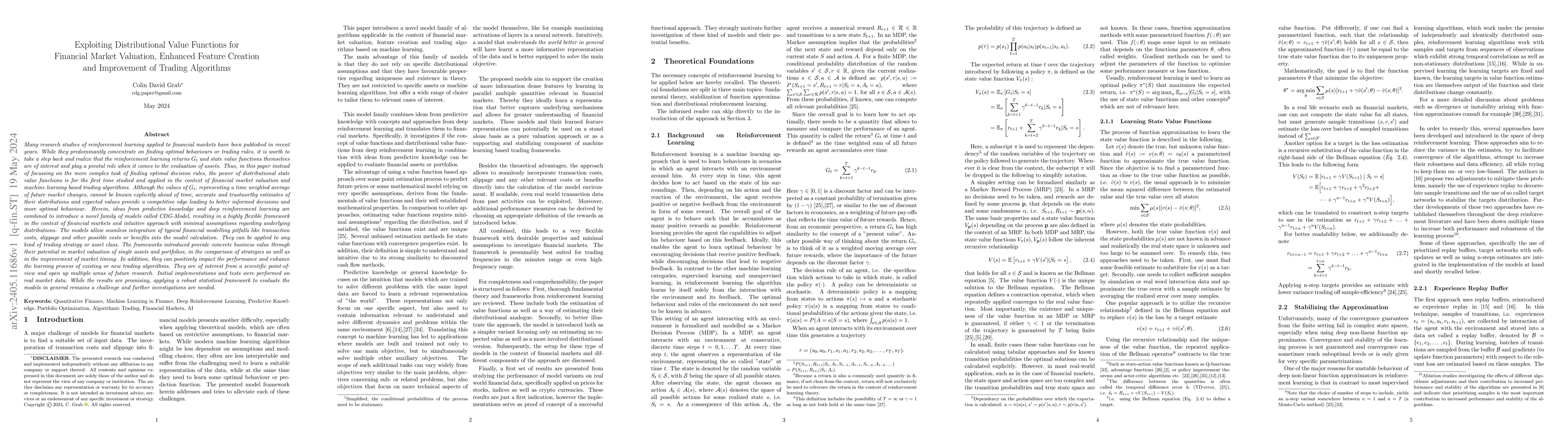 Thumbnail for Exploiting Distributional Value Functions for Financial Market
  Valuation, Enhanced Feature Creation and Improvement of Trading Algorithms