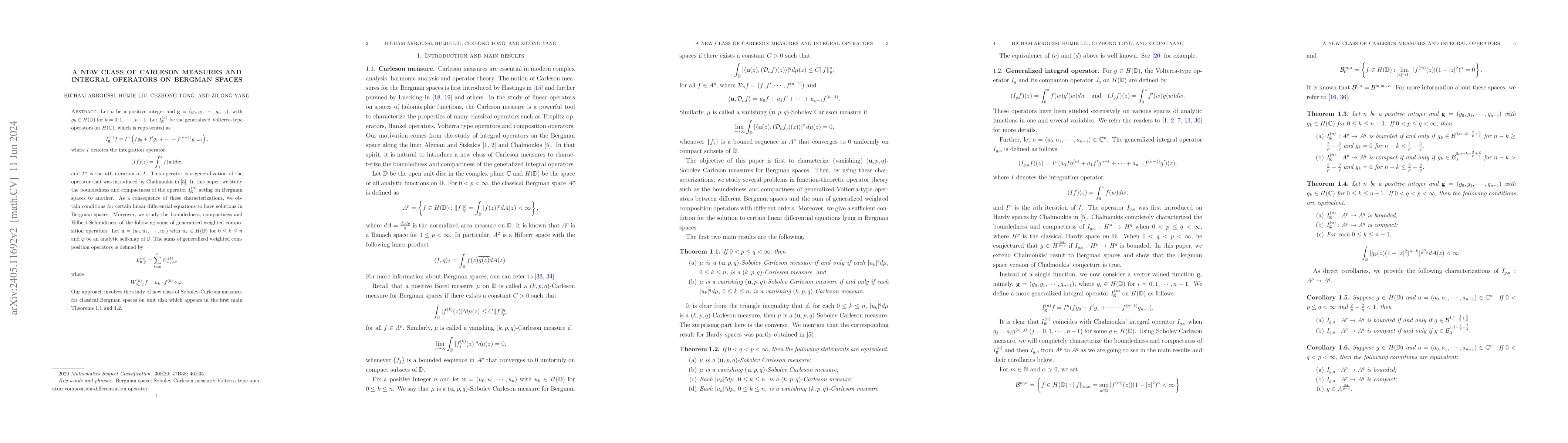 Thumbnail for A new class of Carleson measures and integral operators on Bergman
  spaces