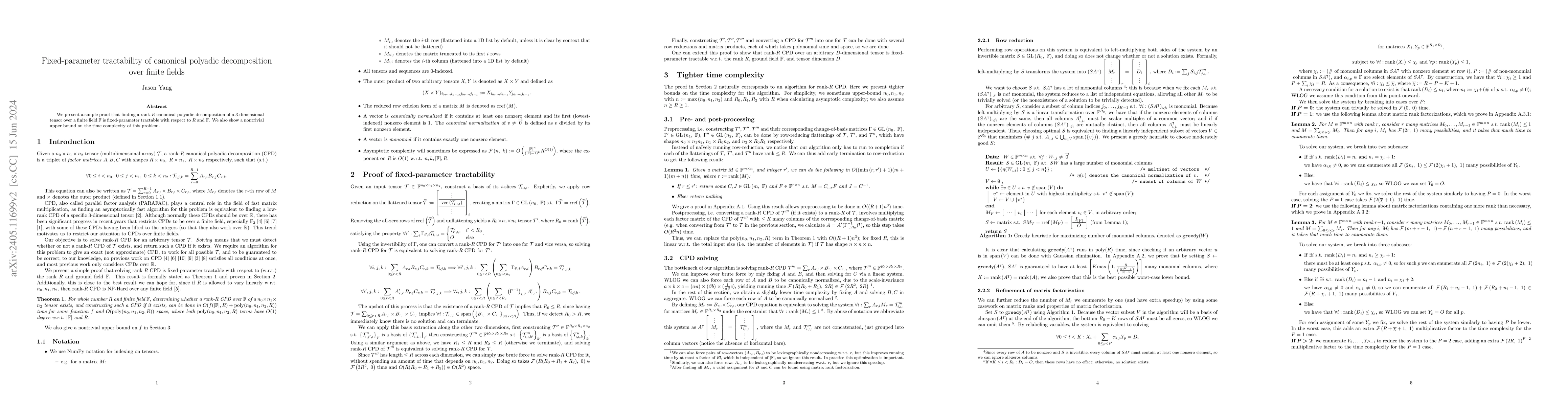 Thumbnail for Fixed-parameter tractability of canonical polyadic decomposition over
  finite fields