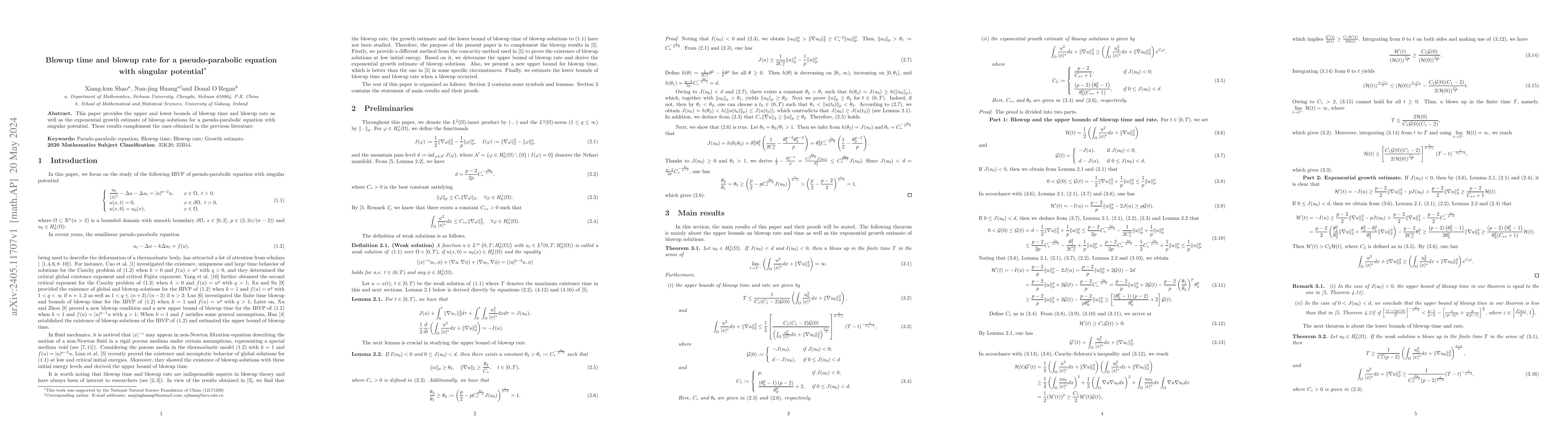 Thumbnail for Blowup time and blowup rate for a pseudo-parabolic equation with
  singular potential