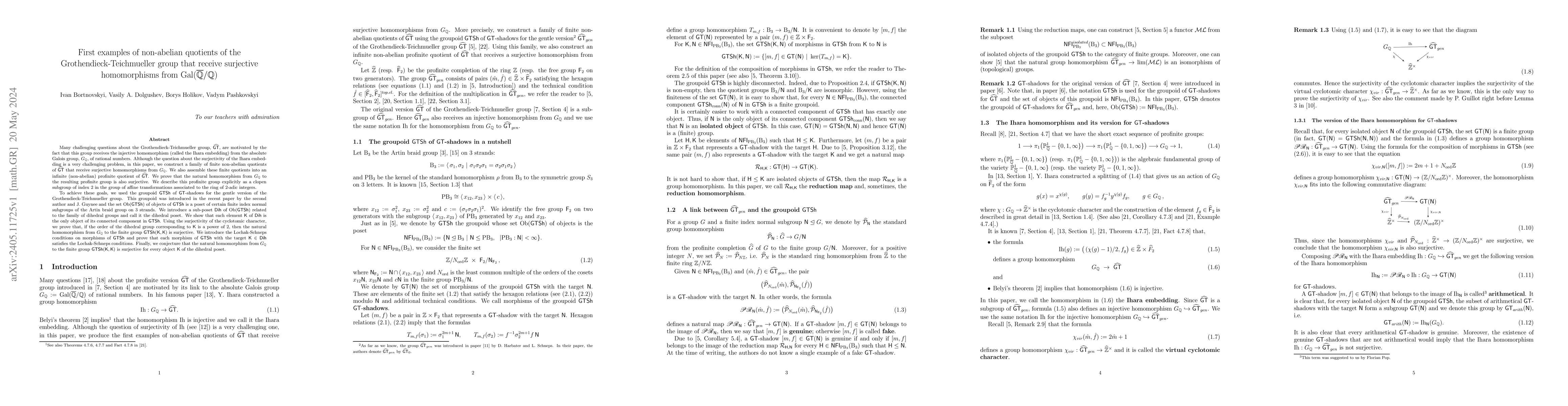Thumbnail for First examples of non-abelian quotients of the Grothendieck-Teichmueller
  group that receive surjective homomorphisms from the absolute Galois group of
  rational numbers