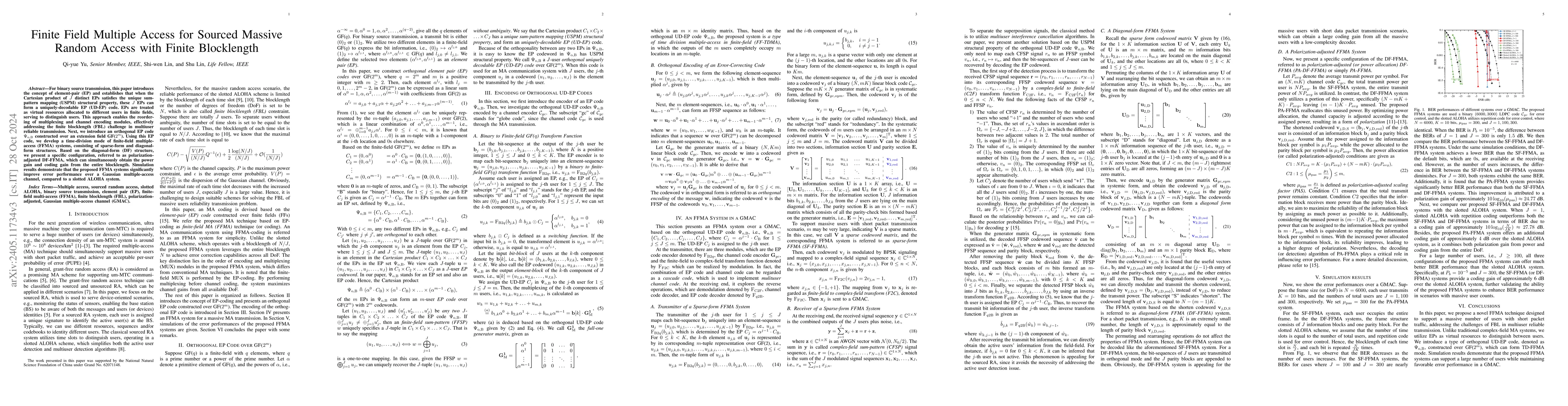 Thumbnail for Finite Field Multiple Access for Sourced Massive Random Access with
  Finite Blocklength