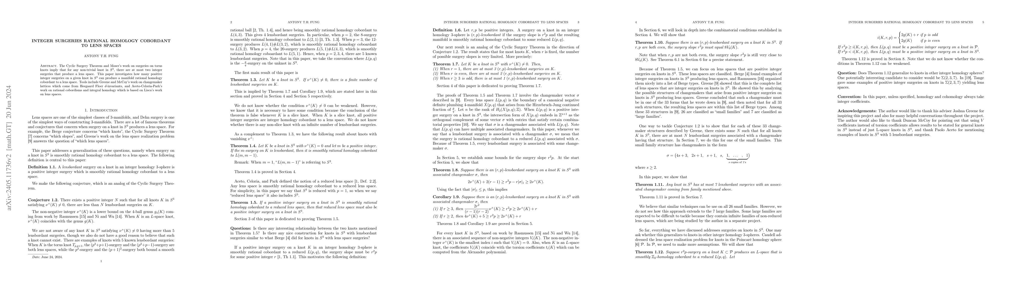 Thumbnail for Integer surgeries rational homology cobordant to lens spaces