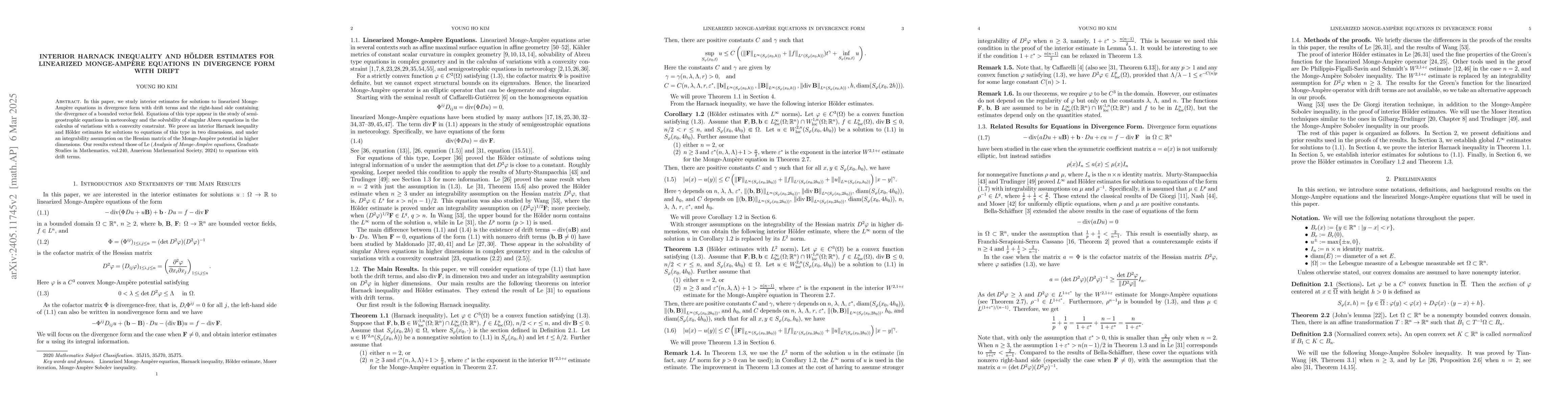 Thumbnail for Interior Harnack inequality and H\"older estimates for linearized
  Monge-Amp\`ere equations in divergence form with drift