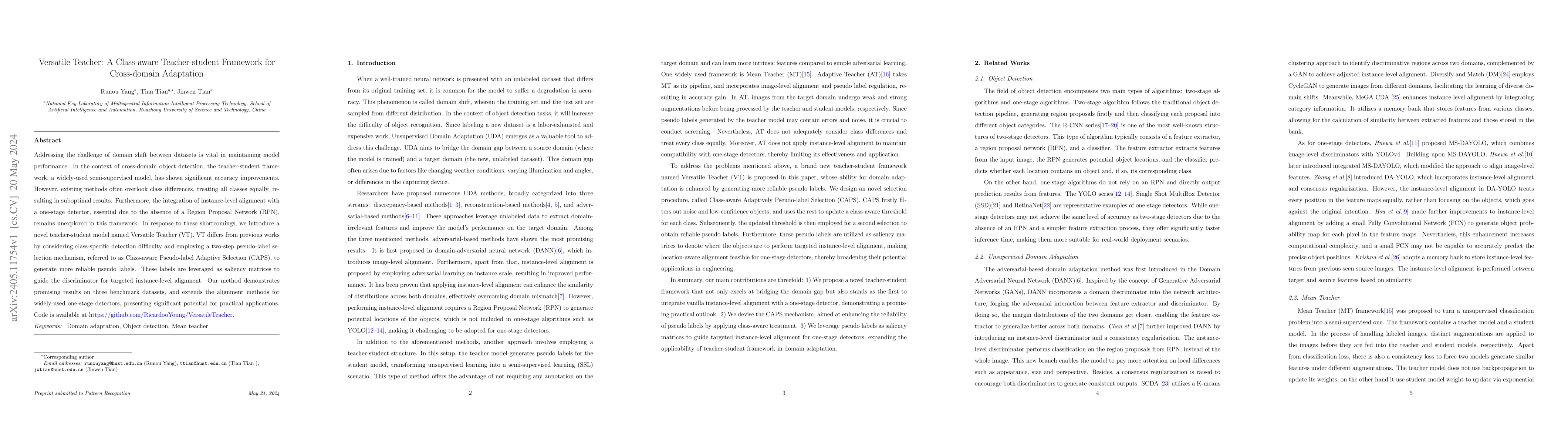 Thumbnail for Versatile Teacher: A Class-aware Teacher-student Framework for
  Cross-domain Adaptation