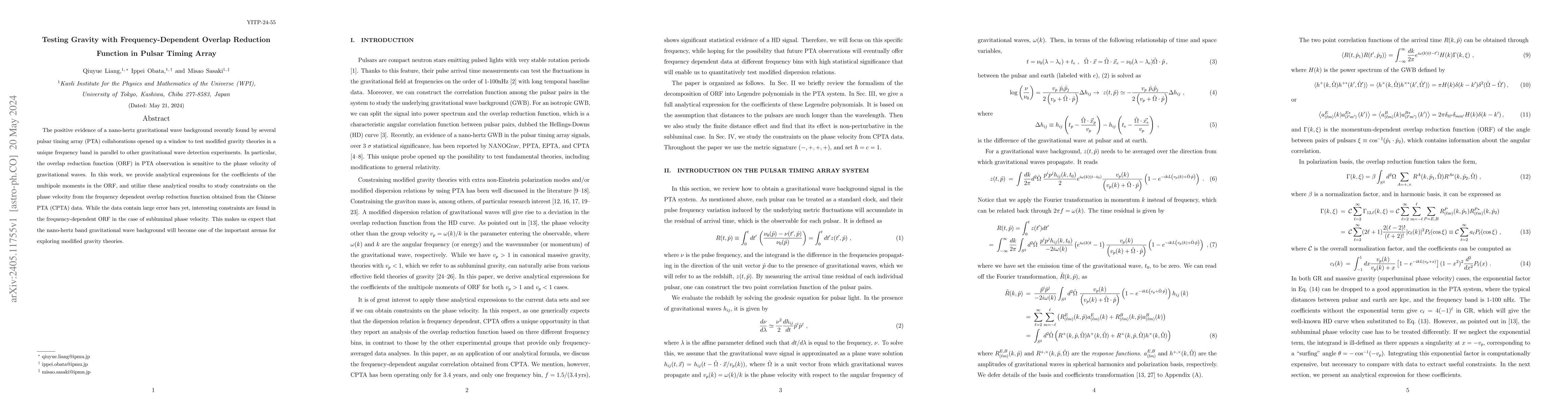 Thumbnail for Testing Gravity with Frequency-Dependent Overlap Reduction Function in
  Pulsar Timing Array