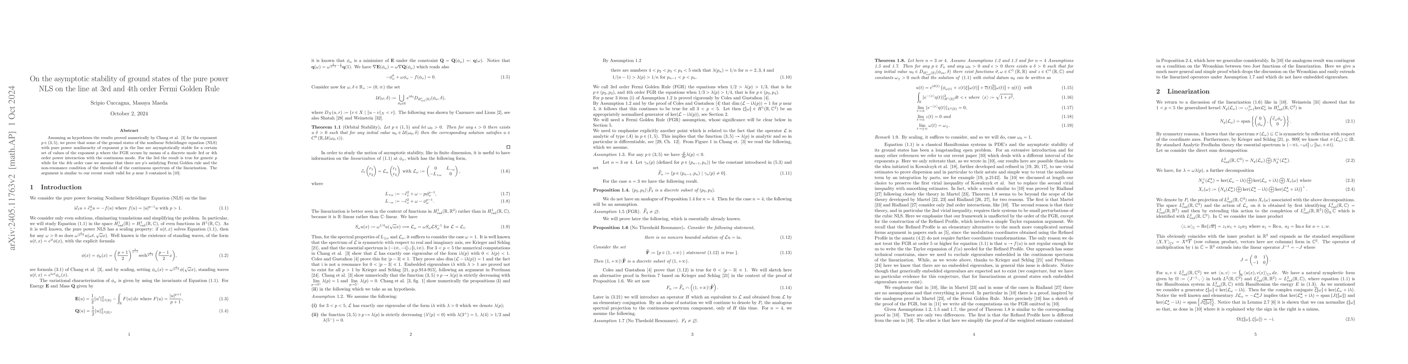 Thumbnail for On the asymptotic stability of ground states of the pure power NLS on
  the line at 3rd and 4th order Fermi Golden Rule