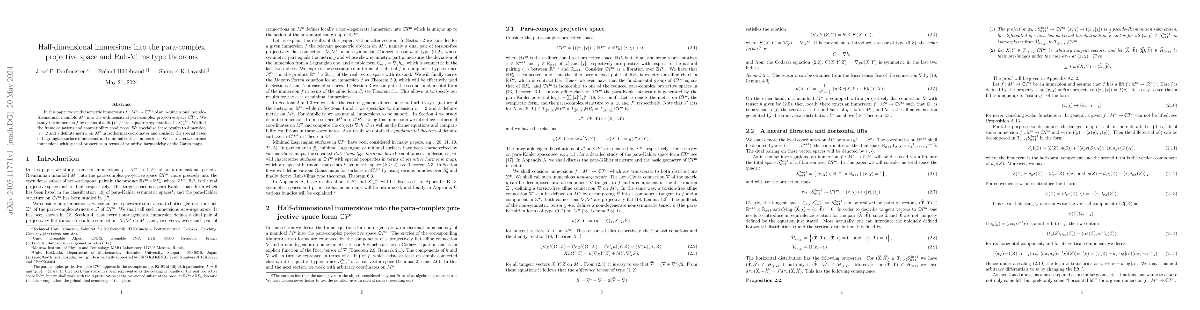 Thumbnail for Half-dimensional immersions into the para-complex projective space and
  Ruh-Vilms type theorems