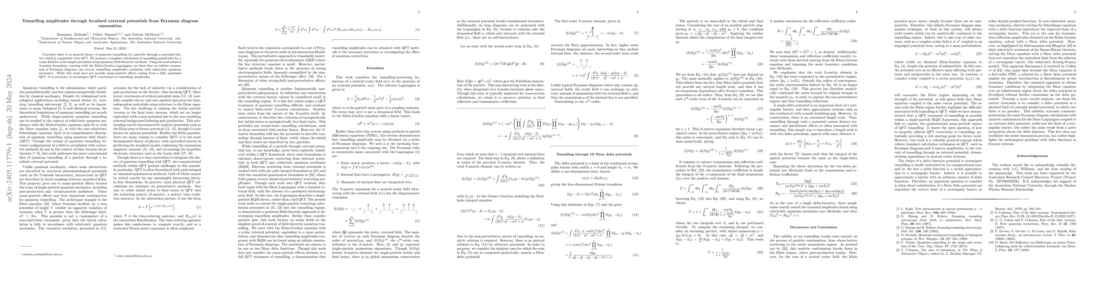 Thumbnail for Tunnelling amplitudes through localised external potentials from Feynman
  diagram summation