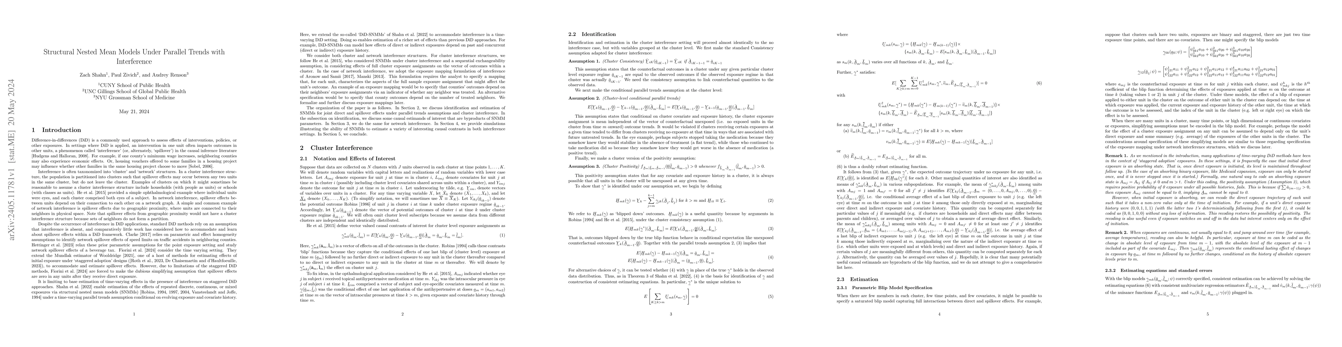 Thumbnail for Structural Nested Mean Models Under Parallel Trends with Interference