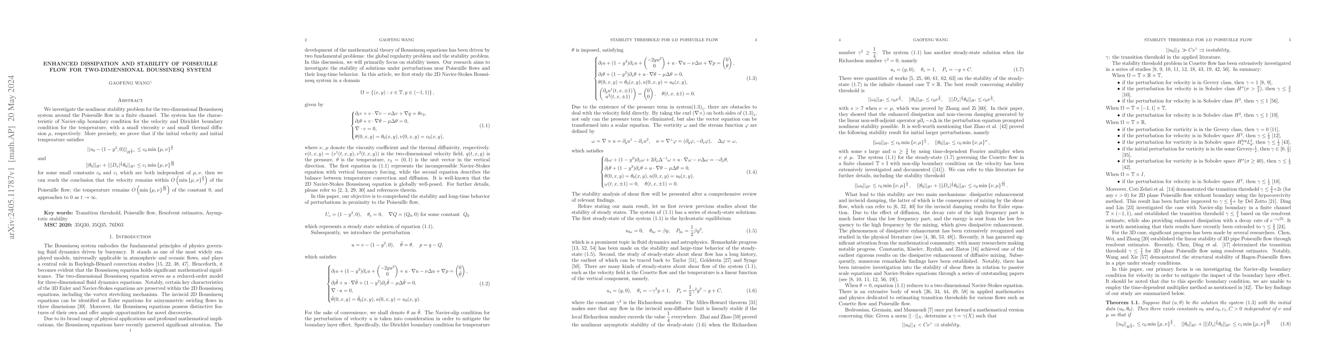 Thumbnail for Enhanced dissipation and stability of Poiseuille flow for
  two-dimensional Boussinesq system