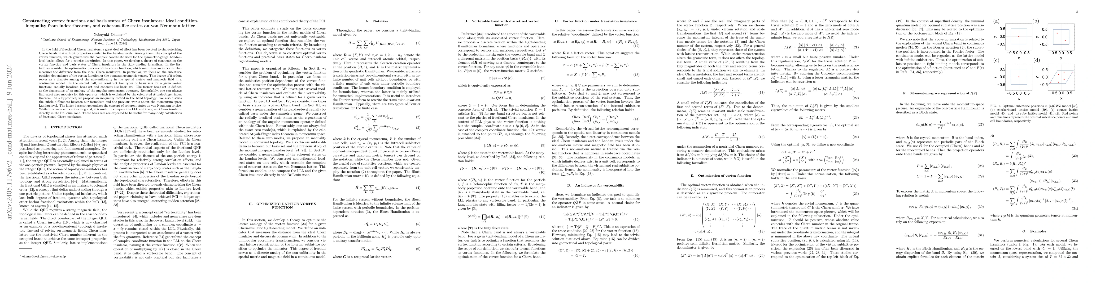Thumbnail for Constructing vortex functions and basis states of Chern insulators:
  ideal condition, inequality from index theorem, and coherent-like states on
  von Neumann lattice
