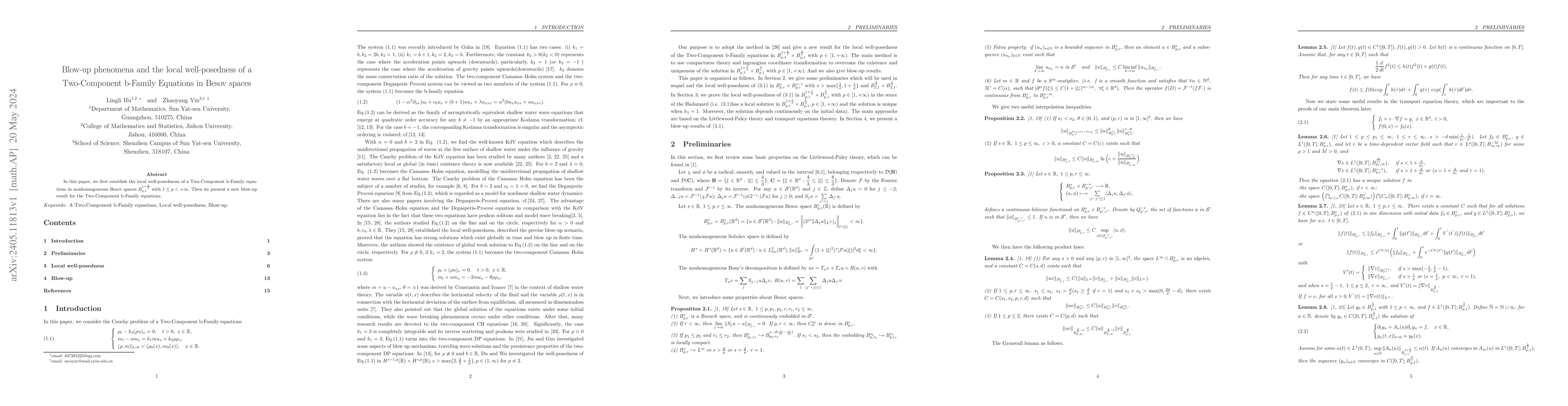Thumbnail for Blow-up phenomena and the local well-posedness of a Two-Component
  b-Family Equations in Besov spaces