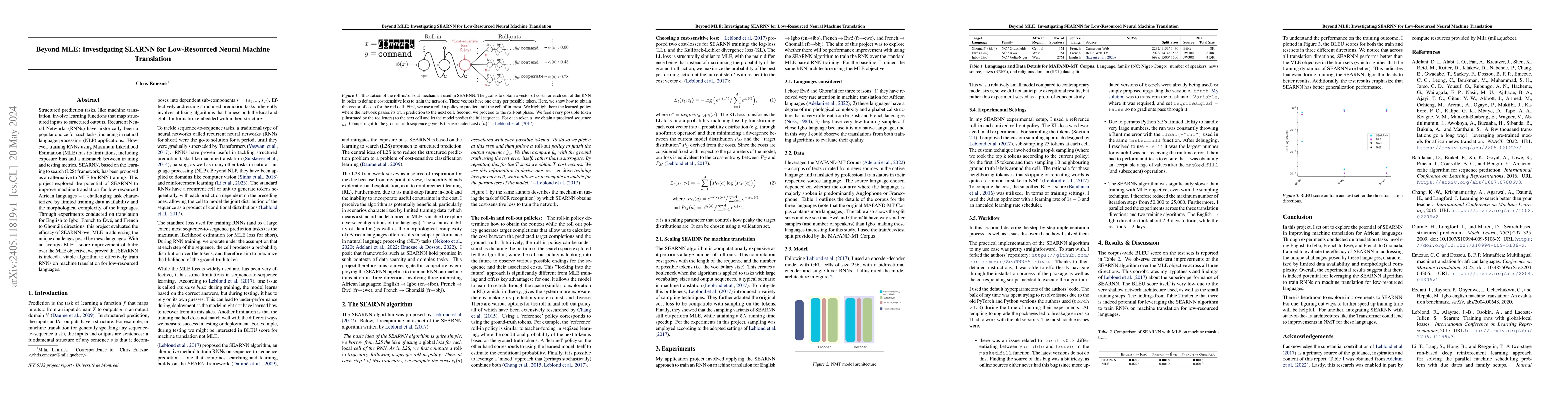 Thumbnail for Beyond MLE: Investigating SEARNN for Low-Resourced Neural Machine
  Translation
