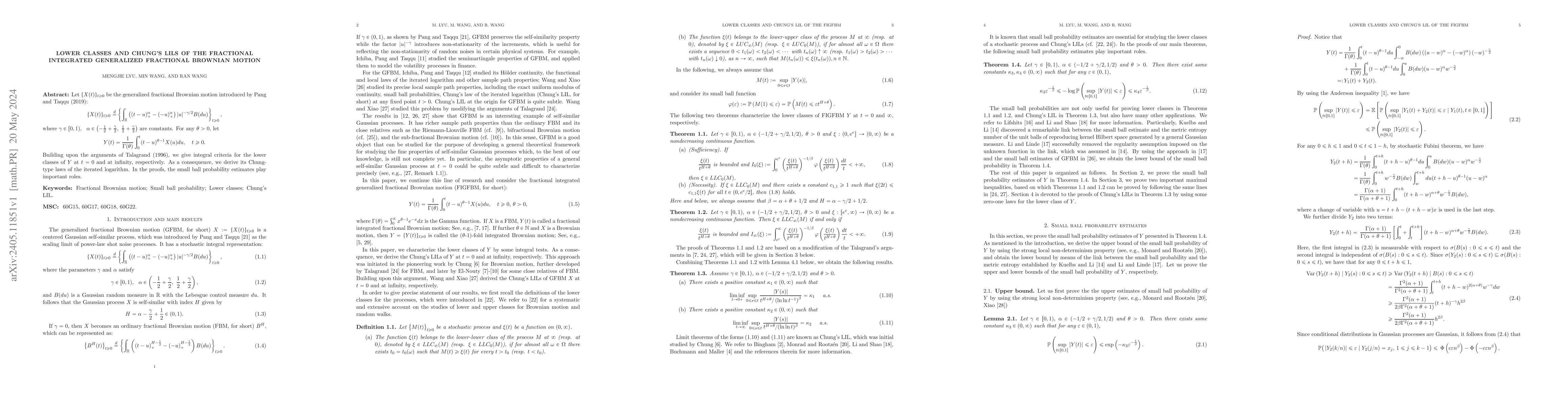 Thumbnail for Lower classes and Chung's LILs of the fractional integrated generalized
  fractional Brownian motion