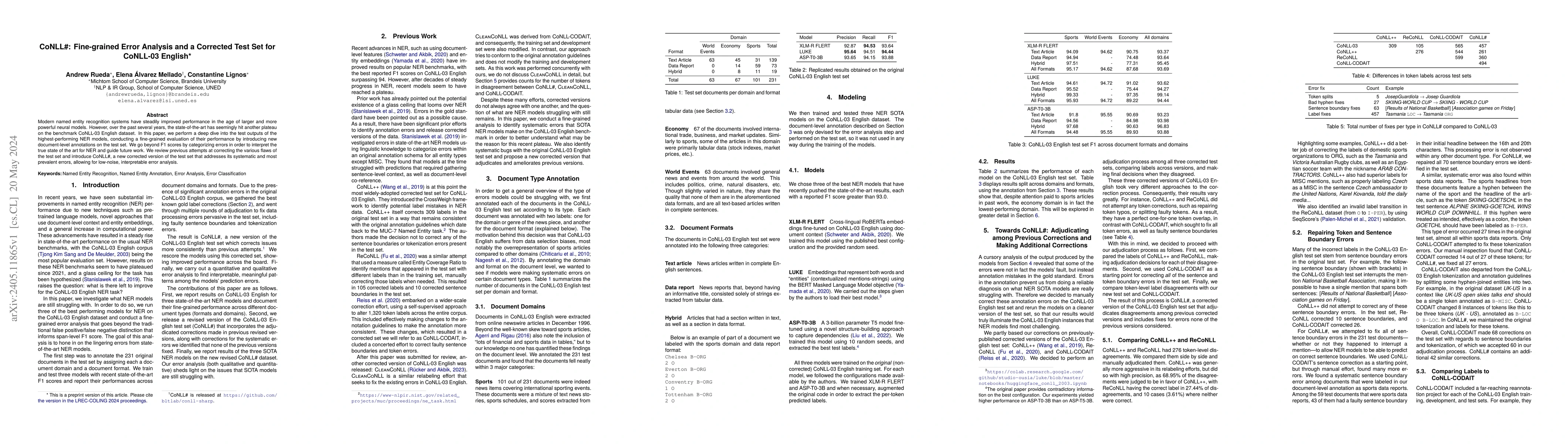 Thumbnail for CoNLL#: Fine-grained Error Analysis and a Corrected Test Set for
  CoNLL-03 English