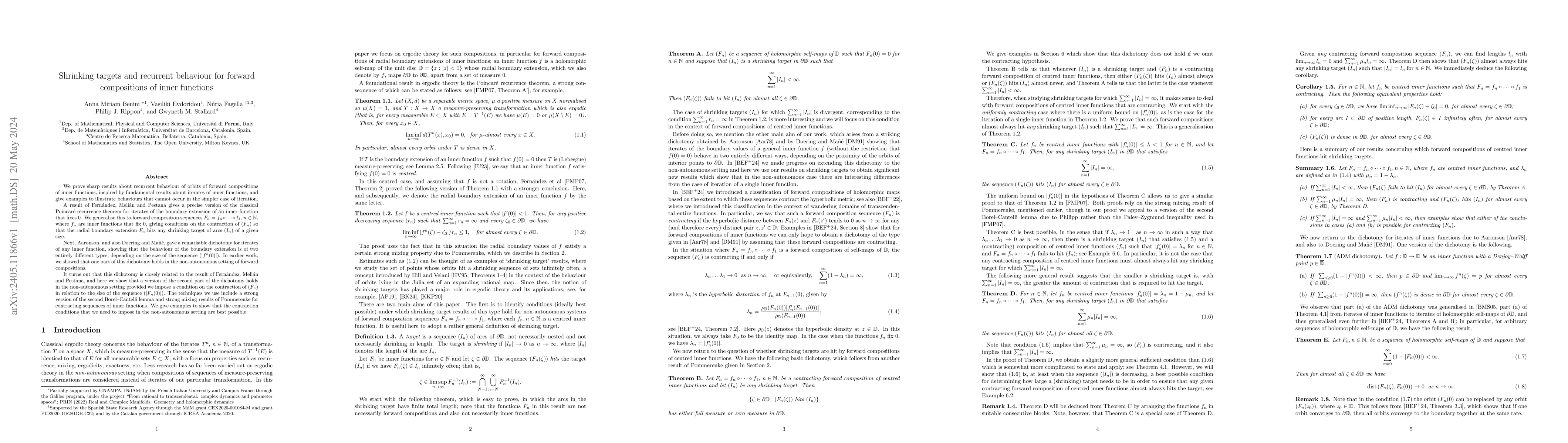 Thumbnail for Shrinking targets and recurrent behaviour for forward compositions of
  inner functions